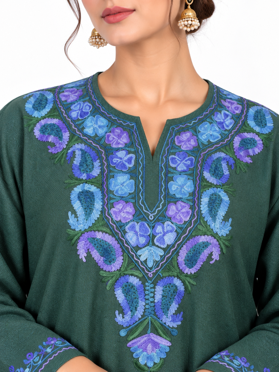 Dark Green Kashmiri Pheran with Blue Paisley Embroidery – KAARKASH
