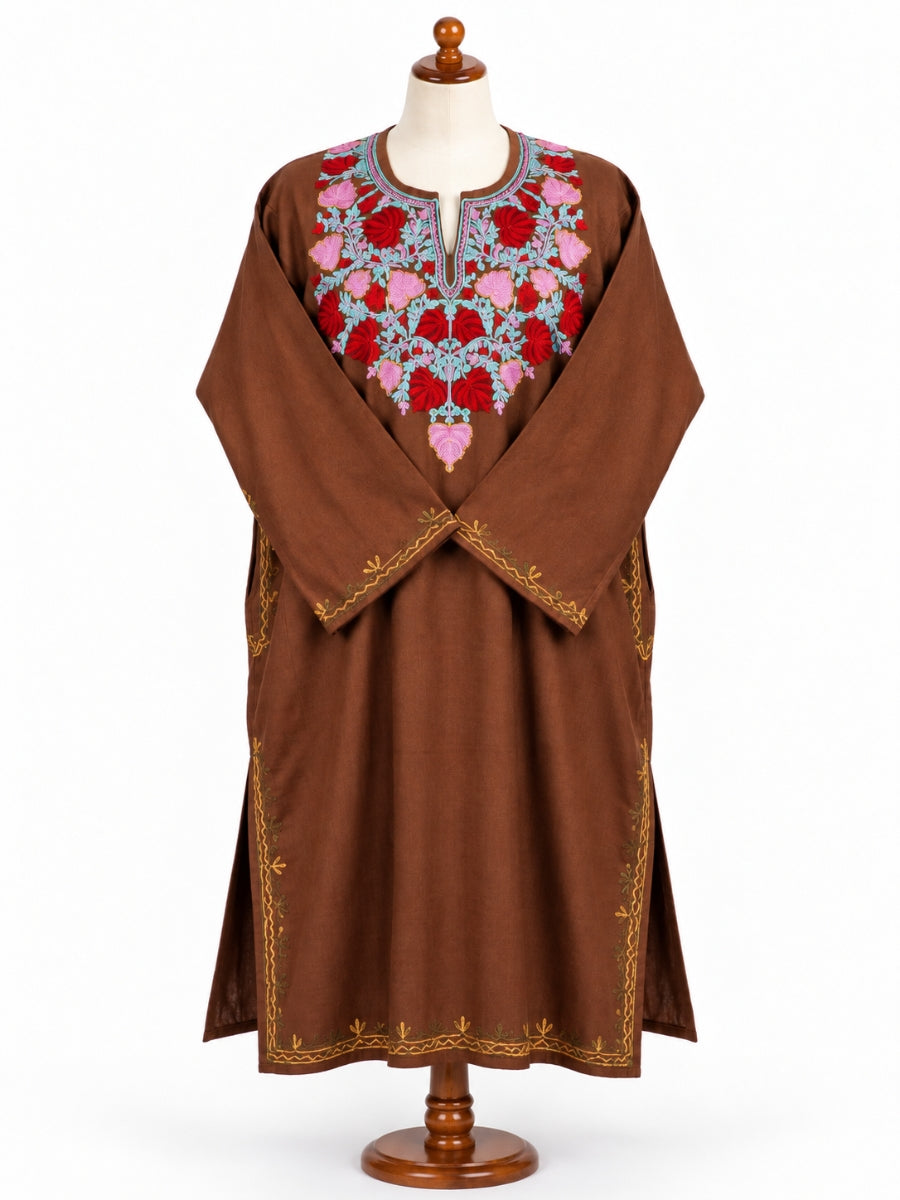 Brown Kashmiri Pheran with Red Pamposh Embroidery – KAARKASH