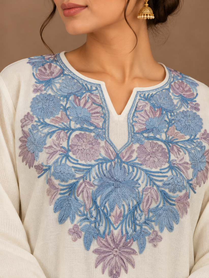 White Kashmiri Pheran with Sky Blue & Lilac Floral Embroidery – KAARKASH