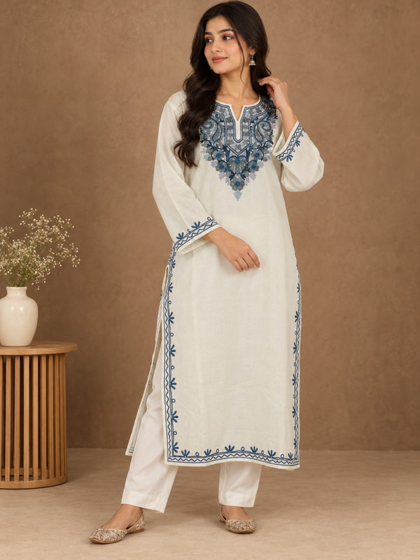 White Kashmiri Pheran with Navy & Powder Blue Paisley Embroidery – KAARKASH