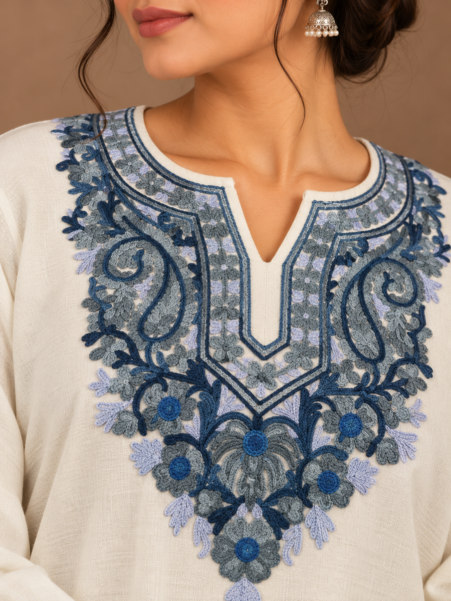 White Kashmiri Pheran with Navy & Powder Blue Paisley Embroidery – KAARKASH