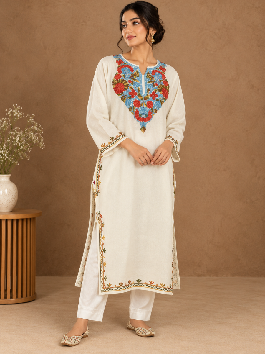 White Kashmiri Pheran with Sky Blue & Red Floral Embroidery – KAARKASH