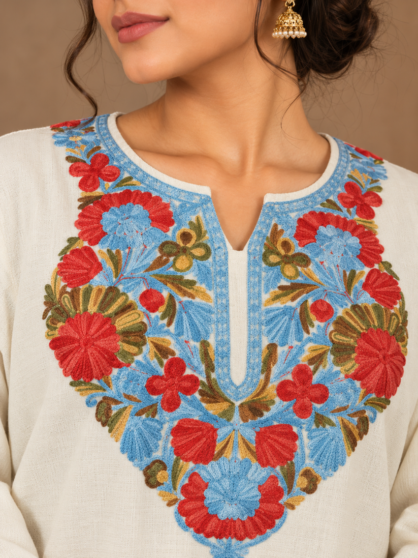 White Kashmiri Pheran with Sky Blue & Red Floral Embroidery – KAARKASH