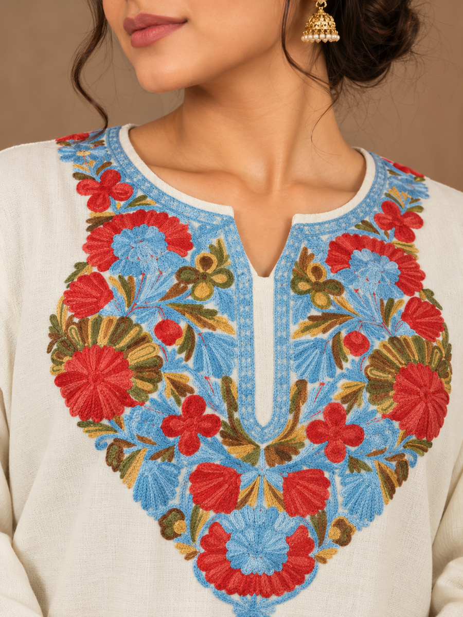 White Kashmiri Pheran with Sky Blue & Red Floral Embroidery – KAARKASH