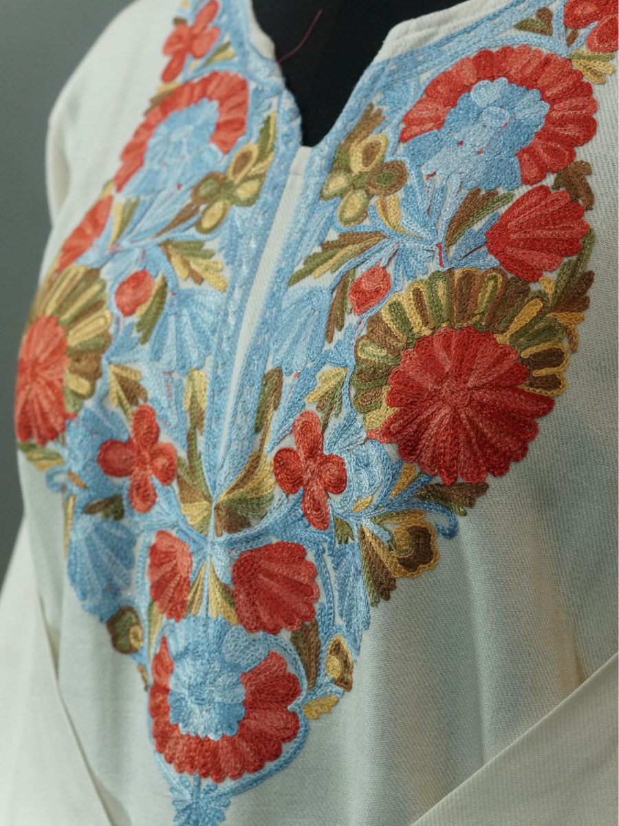 White Kashmiri Pheran with Sky Blue & Red Floral Embroidery – KAARKASH