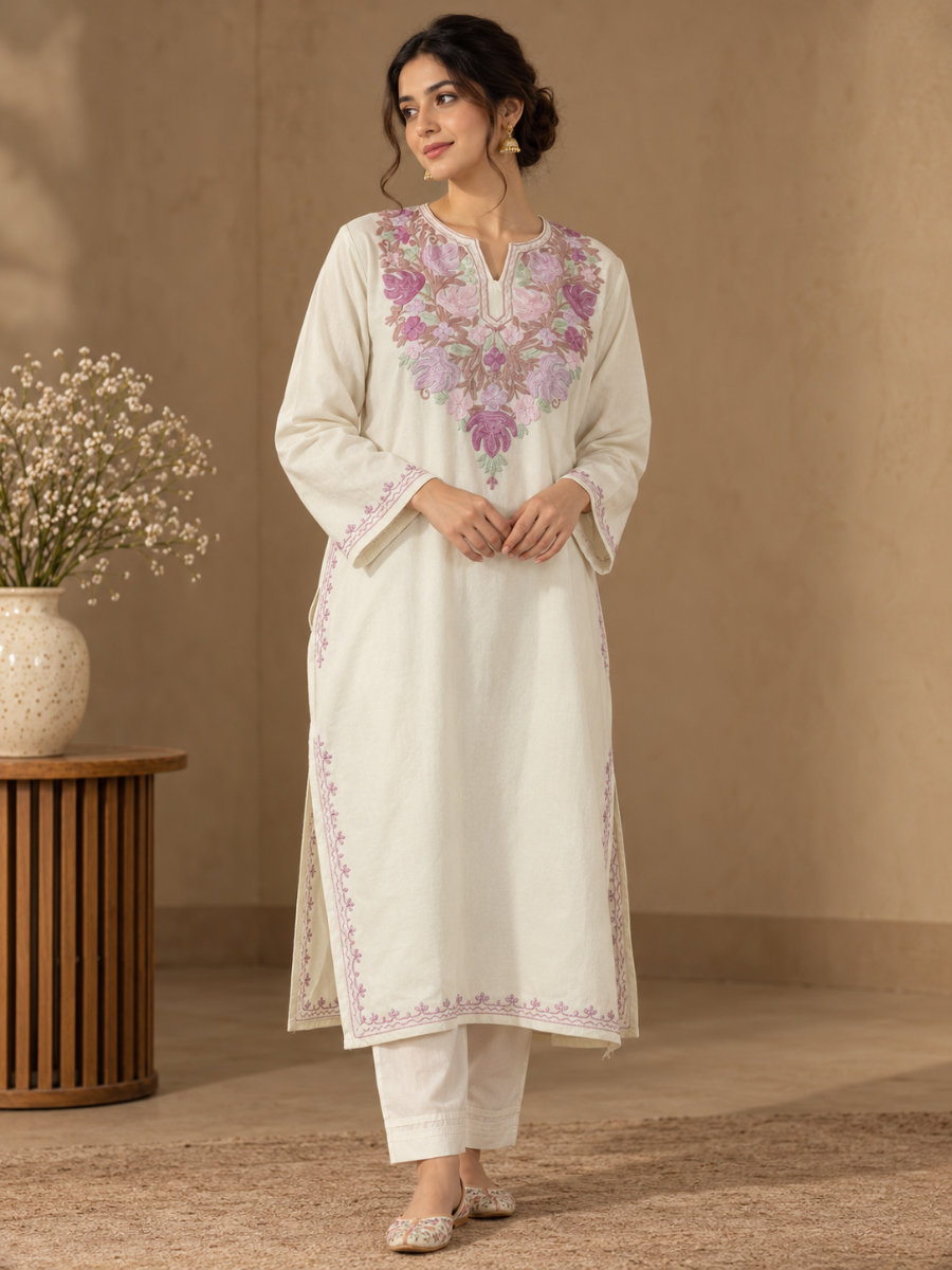 White Kashmiri Pheran with Lilac & Pink Floral Embroidery – KAARKASH