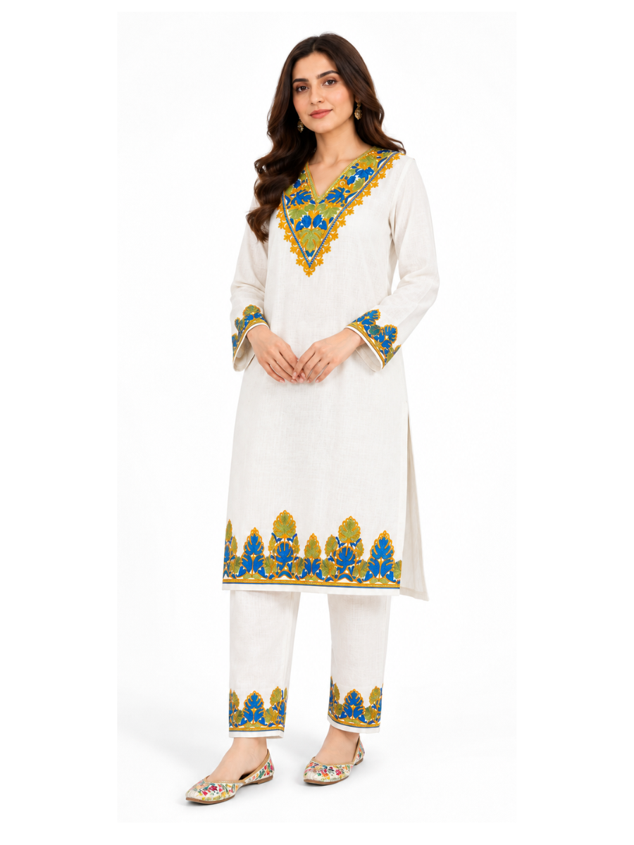 Noor : Kashmiri Aari embroidery summer Co-Ord Set | Light Gray