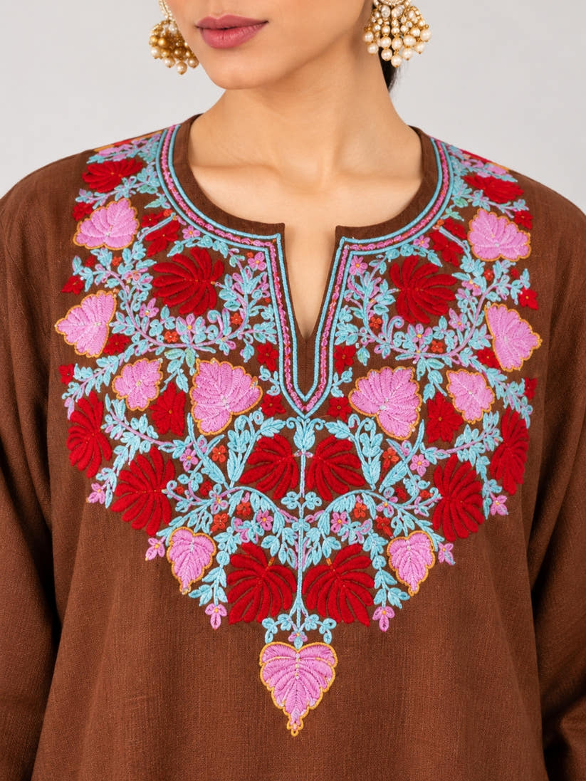 Brown Kashmiri Pheran with Red Pamposh Embroidery – KAARKASH