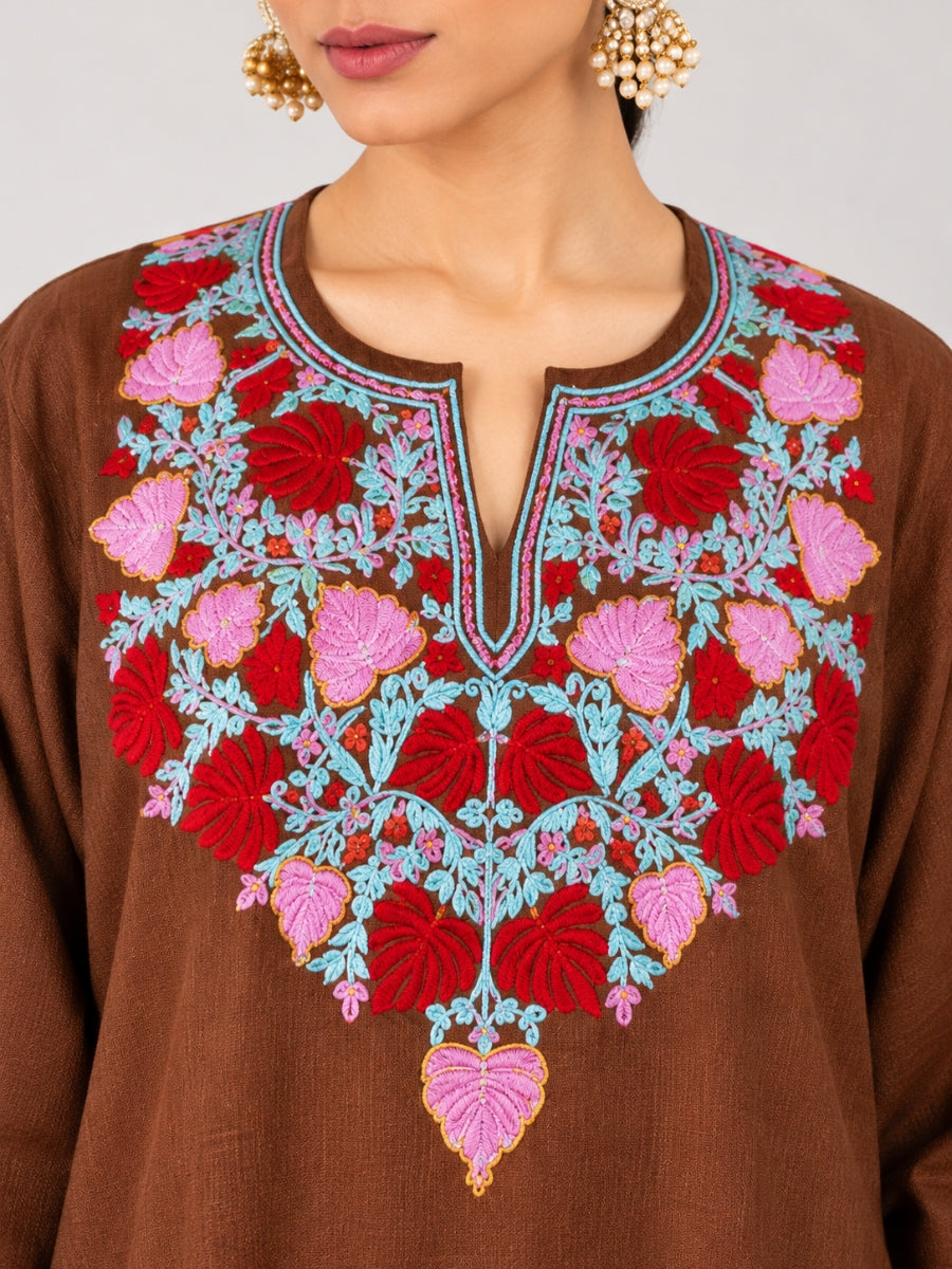 Brown Kashmiri Pheran with Red Pamposh Embroidery – KAARKASH
