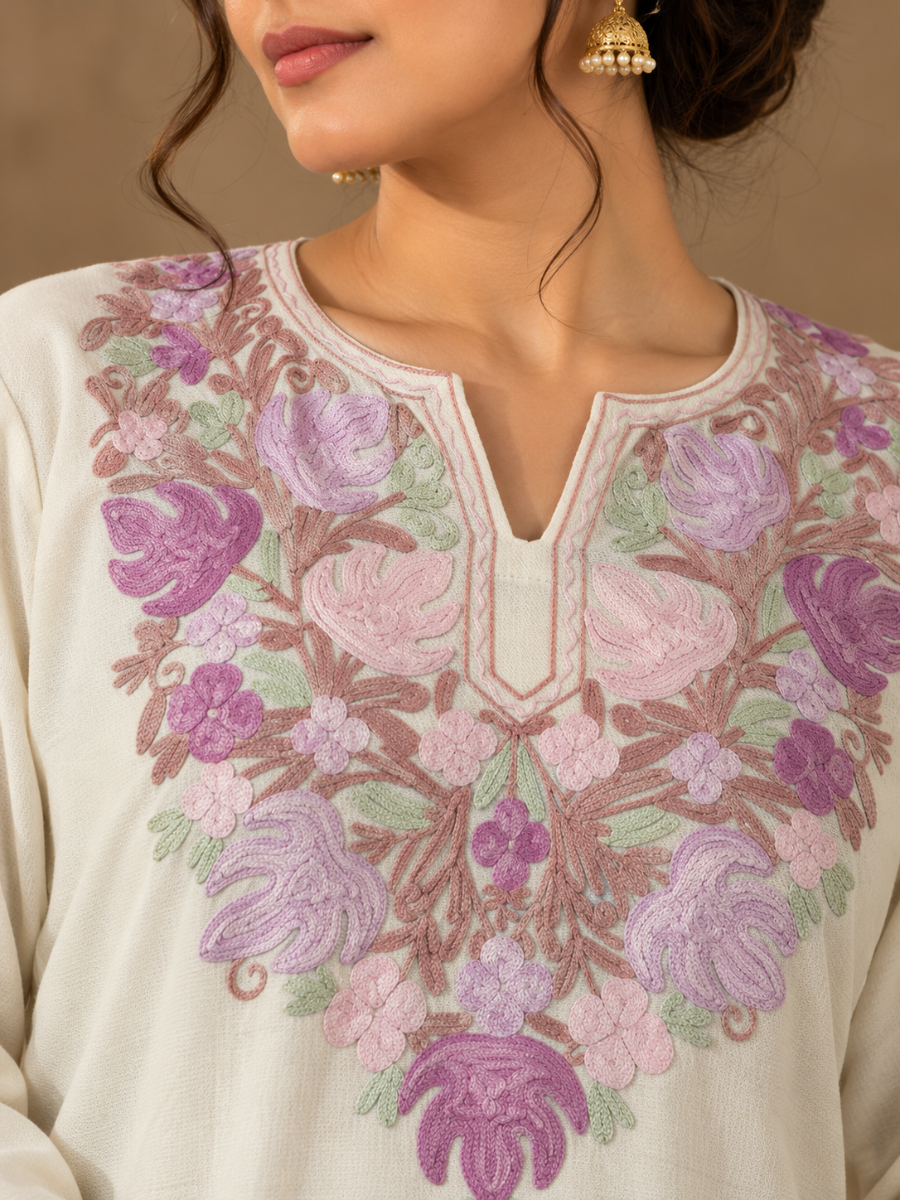White Kashmiri Pheran with Lilac & Pink Floral Embroidery – KAARKASH