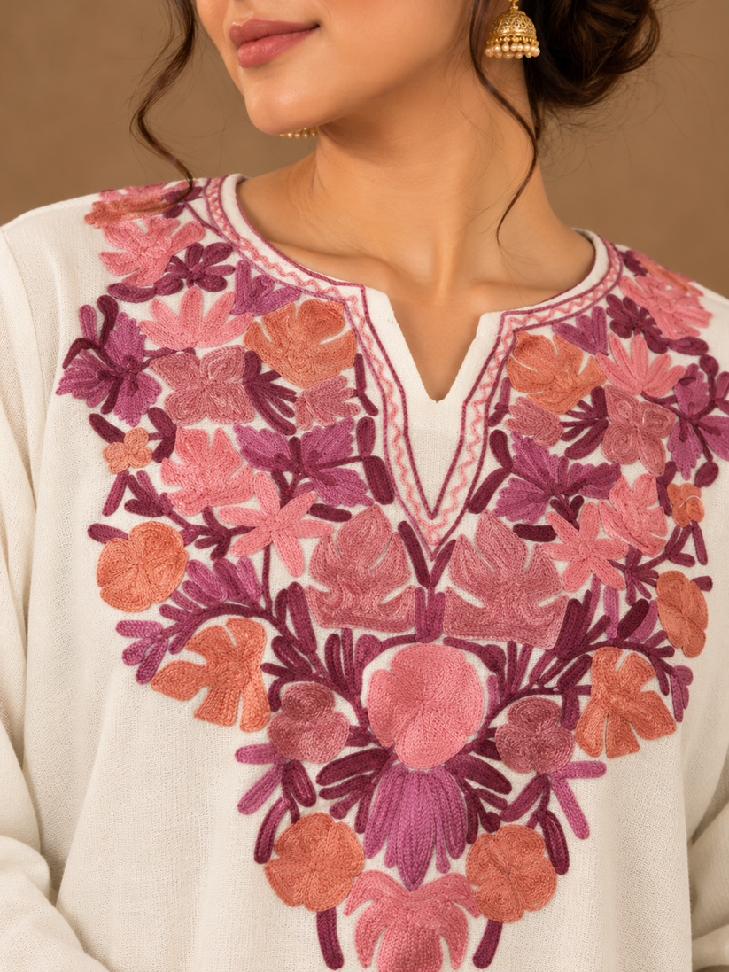 White Kashmiri Pheran with Pink & Orange Floral Embroidery – KAARKASH