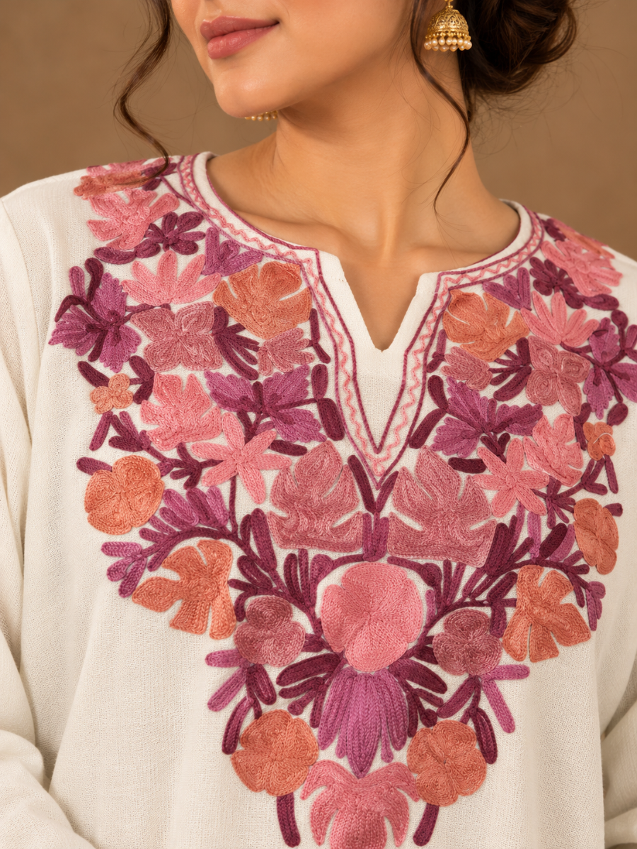 White Kashmiri Pheran with Pink & Orange Floral Embroidery – KAARKASH