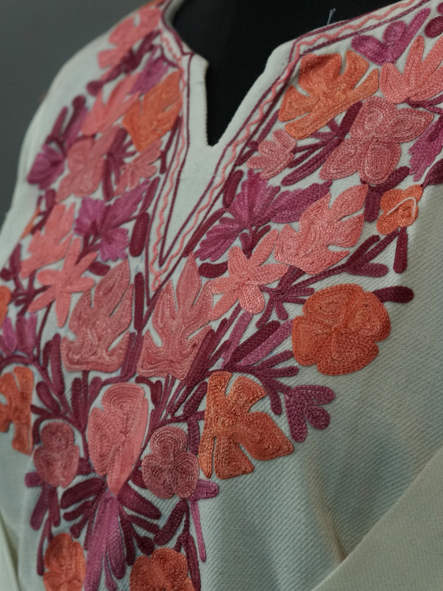 White Kashmiri Pheran with Pink & Orange Floral Embroidery – KAARKASH