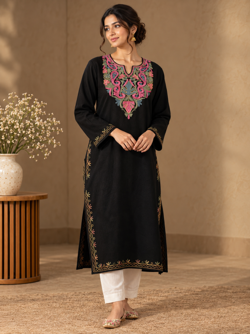 Black Kashmiri Pheran with Pink & Sage Green Paisley Embroidery – KAARKASH