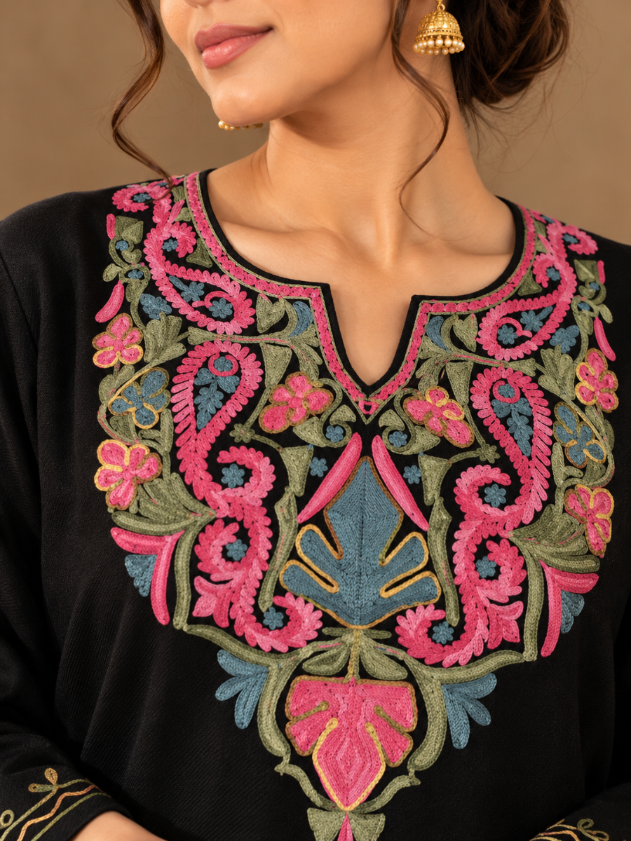 Black Kashmiri Pheran with Pink & Sage Green Paisley Embroidery – KAARKASH