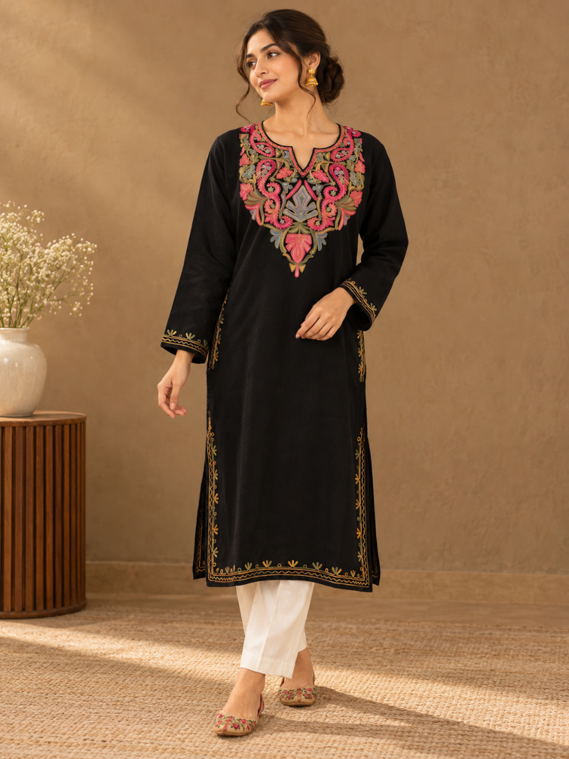 Black Kashmiri Pheran with Red & Lilac Paisley Embroidery – KAARKASH