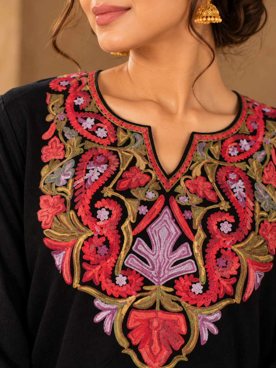 Black Kashmiri Pheran with Red & Lilac Paisley Embroidery – KAARKASH