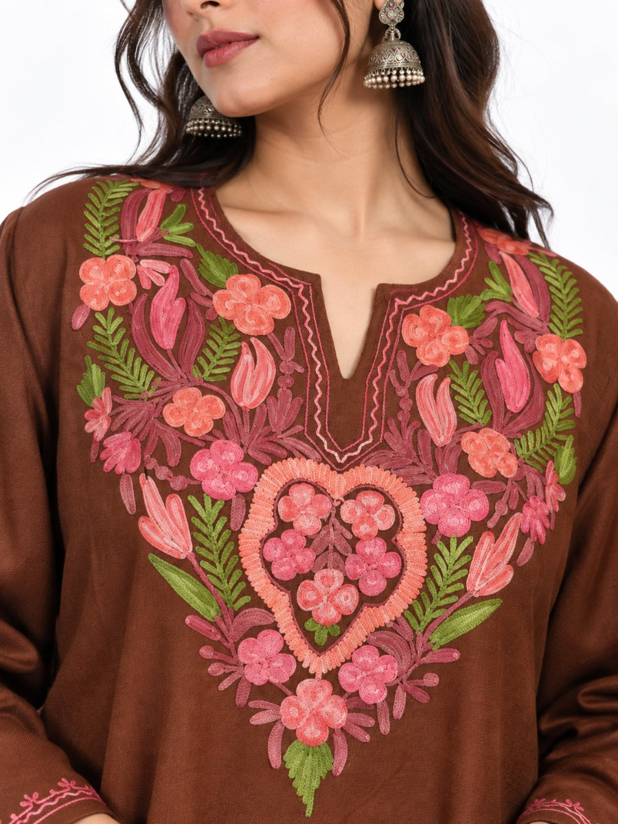 Brown Kashmiri Pheran with Pink Floral Embroidery – KAARKASH
