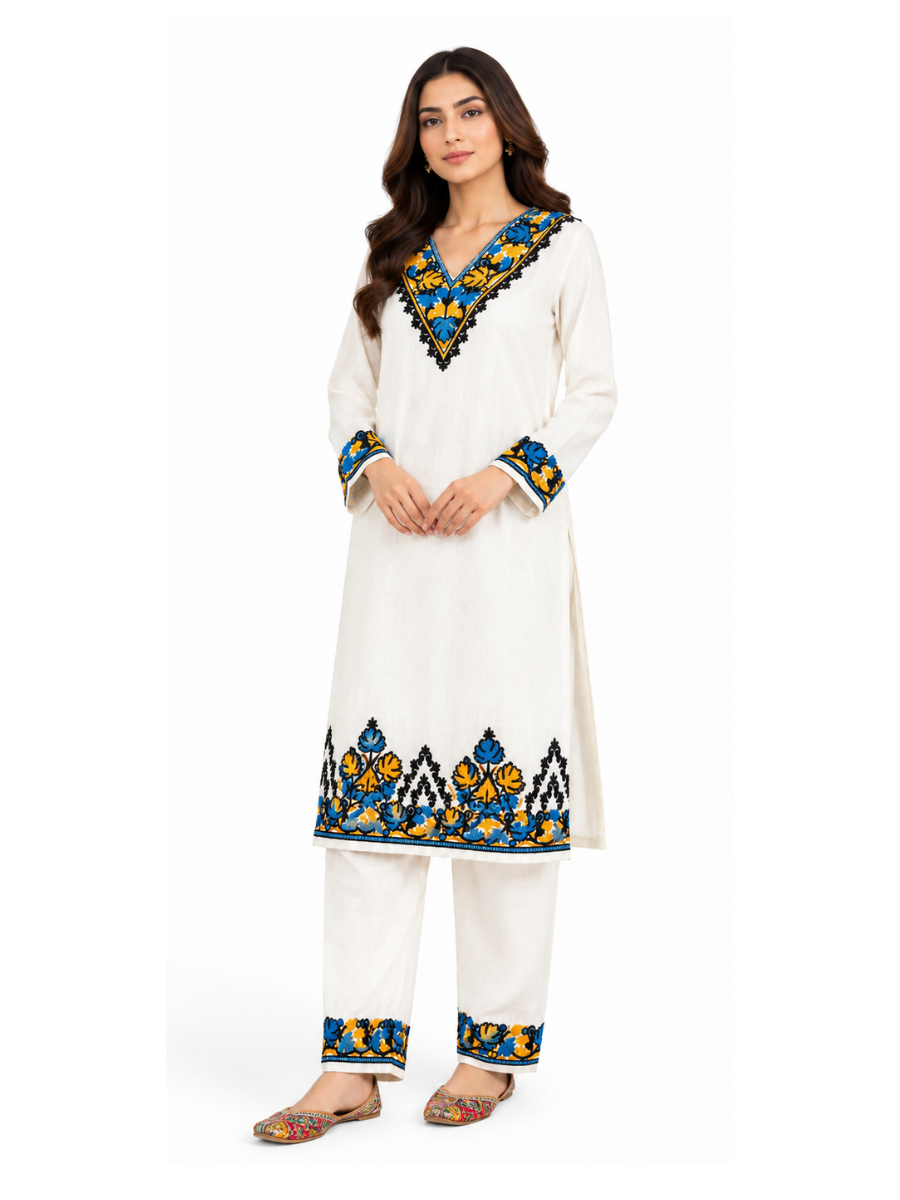 Noor : Kashmiri Aari embroidery summer Co-Ord Set | Light Gray