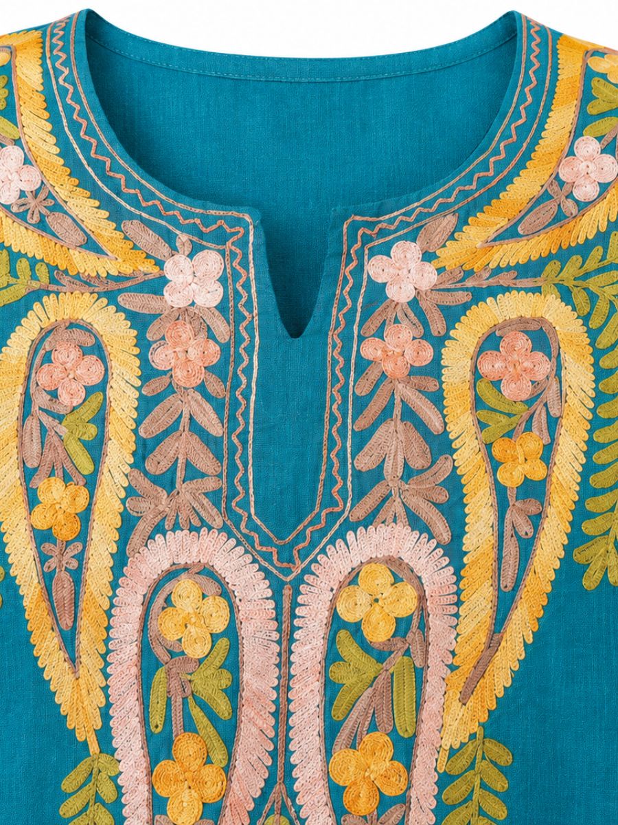 Kashmiri Manual Aari worked cotton Co-Ord Set | Ocean Breeze