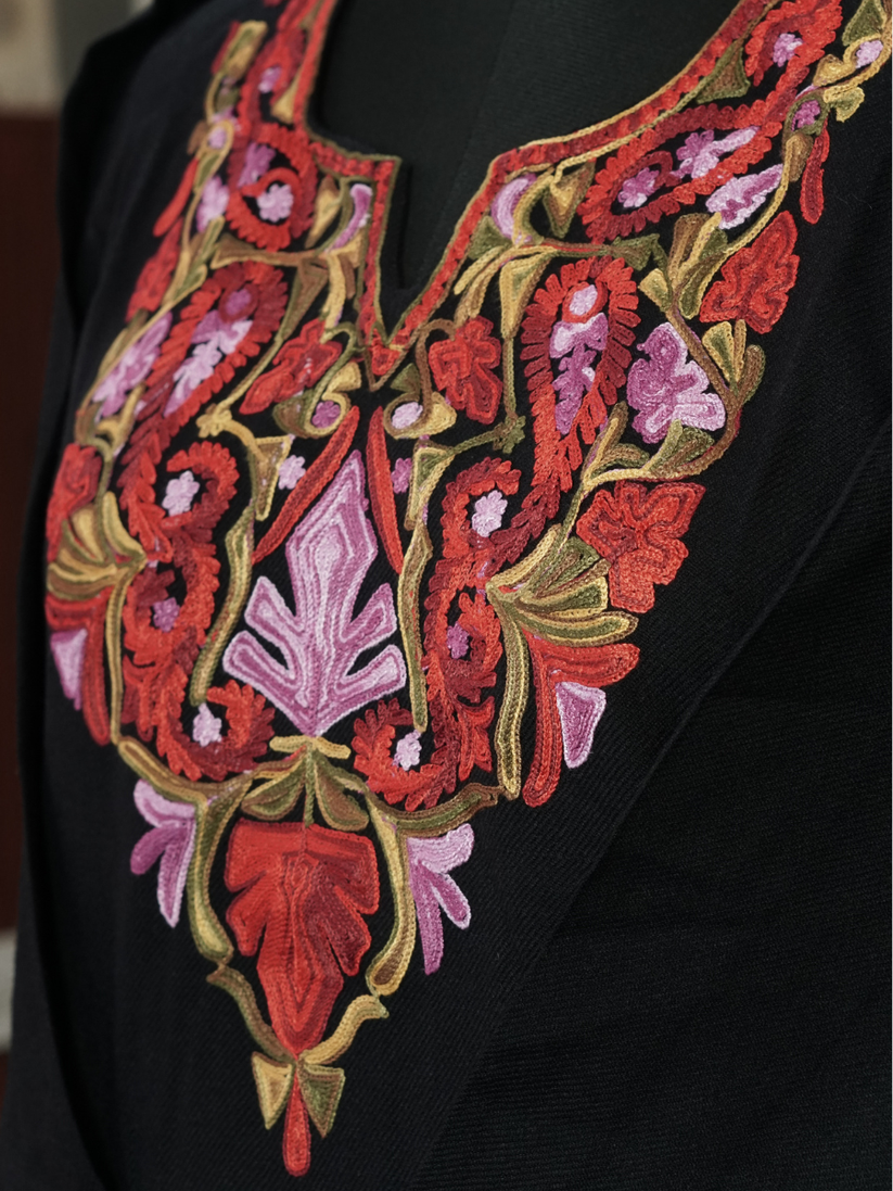 Black Kashmiri Pheran with Red & Lilac Paisley Embroidery – KAARKASH