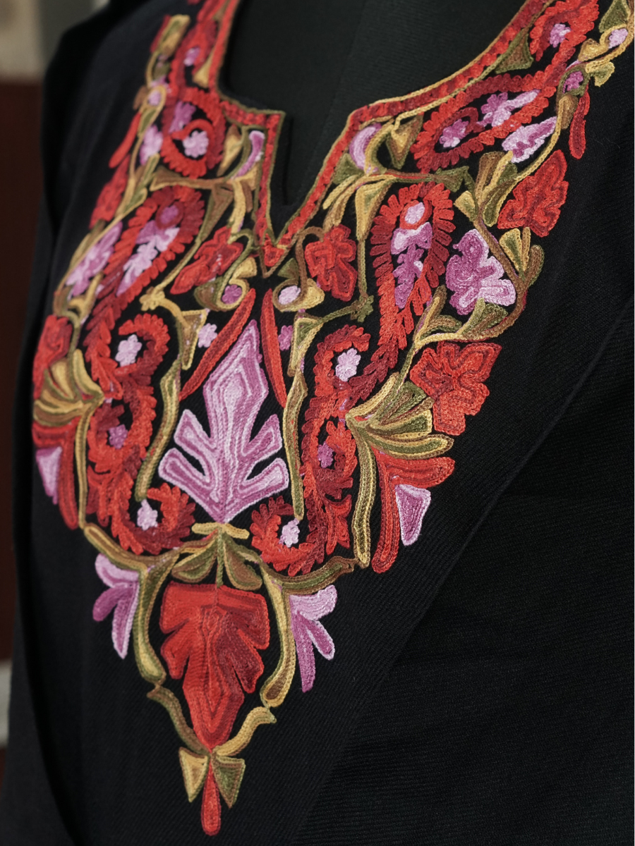 Black Kashmiri Pheran with Red & Lilac Paisley Embroidery – KAARKASH