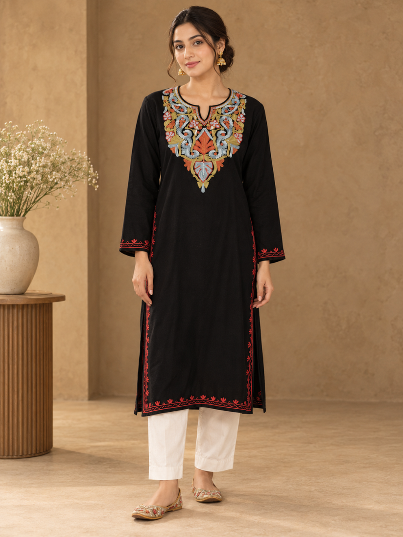 Black Kashmiri Pheran with Sky Blue & Orange Paisley Embroidery – KAARKASH