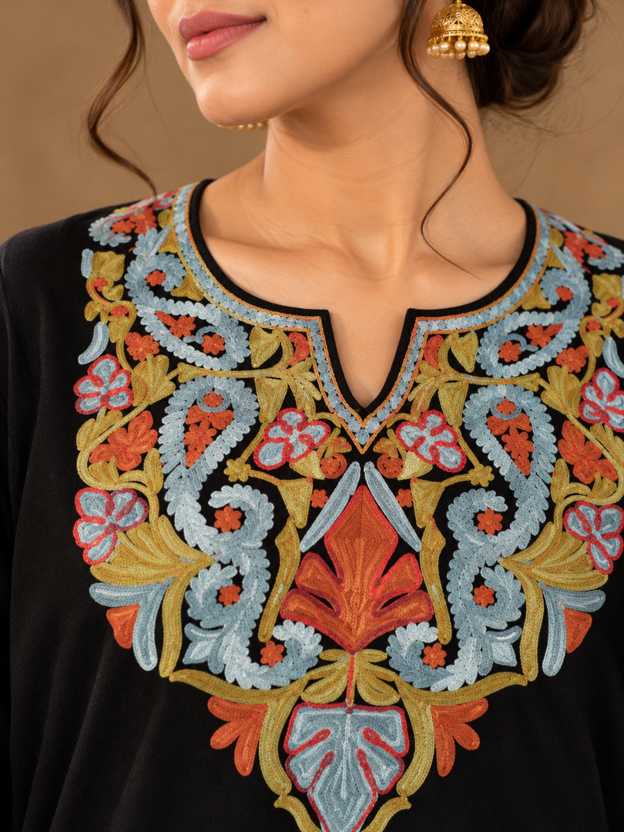 Black Kashmiri Pheran with Sky Blue & Orange Paisley Embroidery – KAARKASH