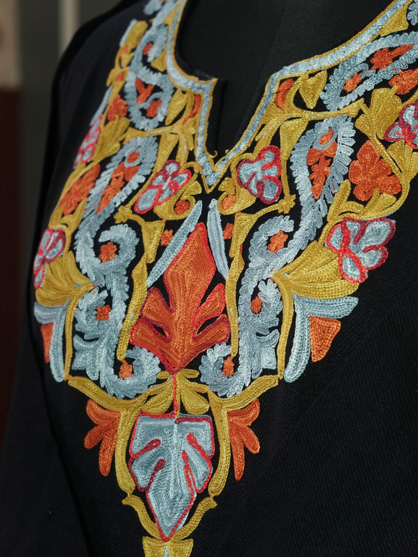 Black Kashmiri Pheran with Sky Blue & Orange Paisley Embroidery – KAARKASH