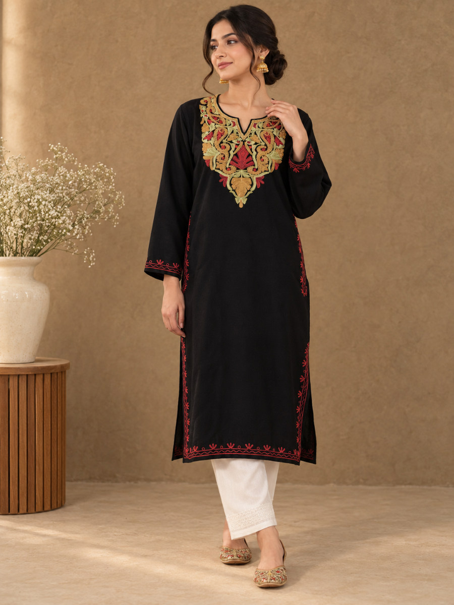 Black Kashmiri Pheran with Mustard & Red Paisley Embroidery – KAARKASH
