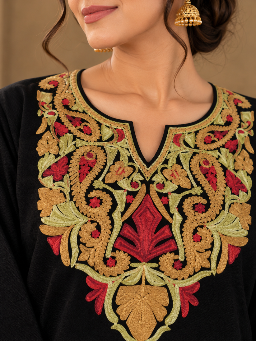 Black Kashmiri Pheran with Mustard & Red Paisley Embroidery – KAARKASH