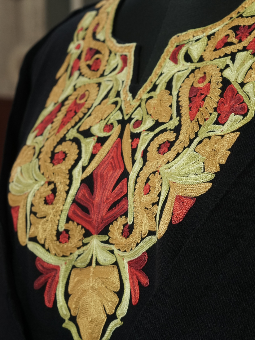 Black Kashmiri Pheran with Mustard & Red Paisley Embroidery – KAARKASH