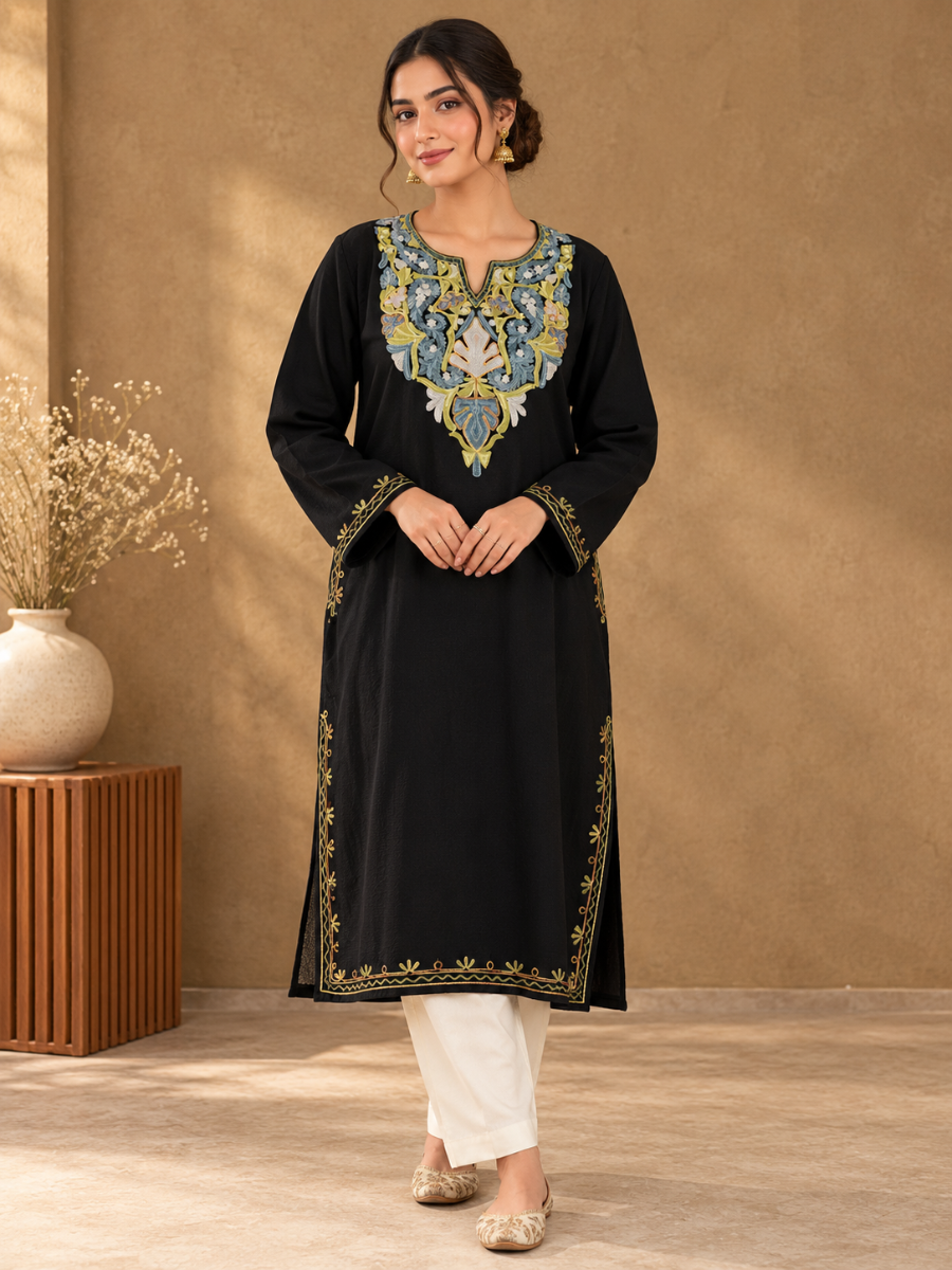 Black Kashmiri Pheran with Grey Blue & Lime Paisley Embroidery – KAARKASH