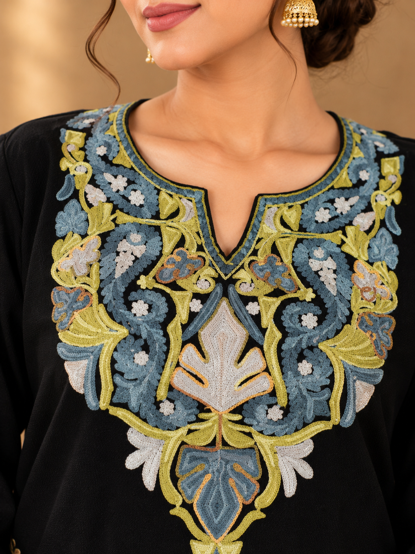 Black Kashmiri Pheran with Grey Blue & Lime Paisley Embroidery – KAARKASH