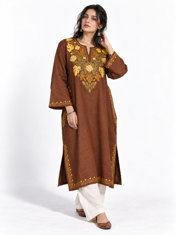 Brown Kashmiri Pheran with Golden Chinar Embroidery – KAARKASH