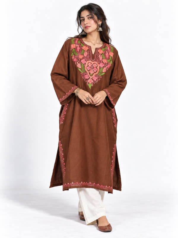 Brown Kashmiri Pheran with Pink Floral Embroidery – KAARKASH