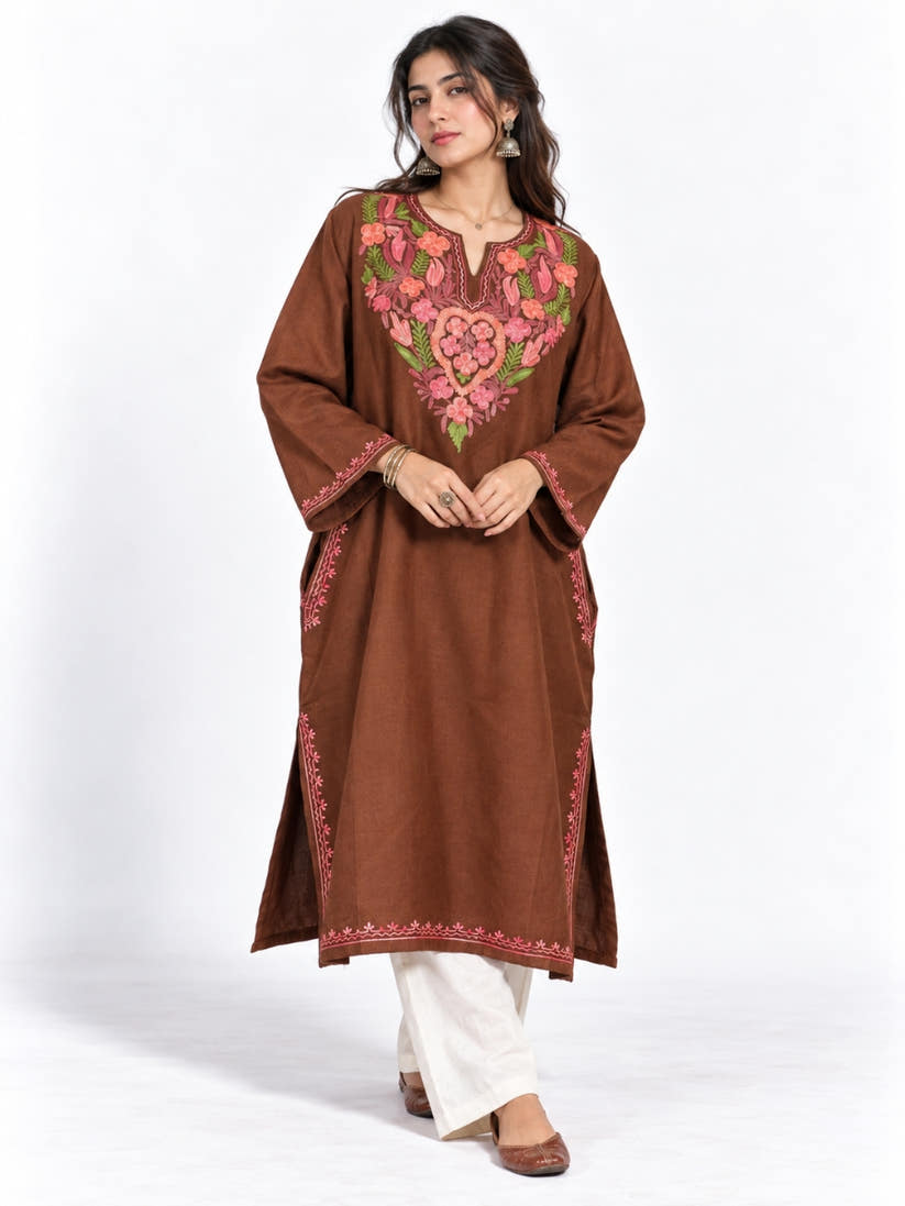 Brown Kashmiri Pheran with Pink Floral Embroidery – KAARKASH