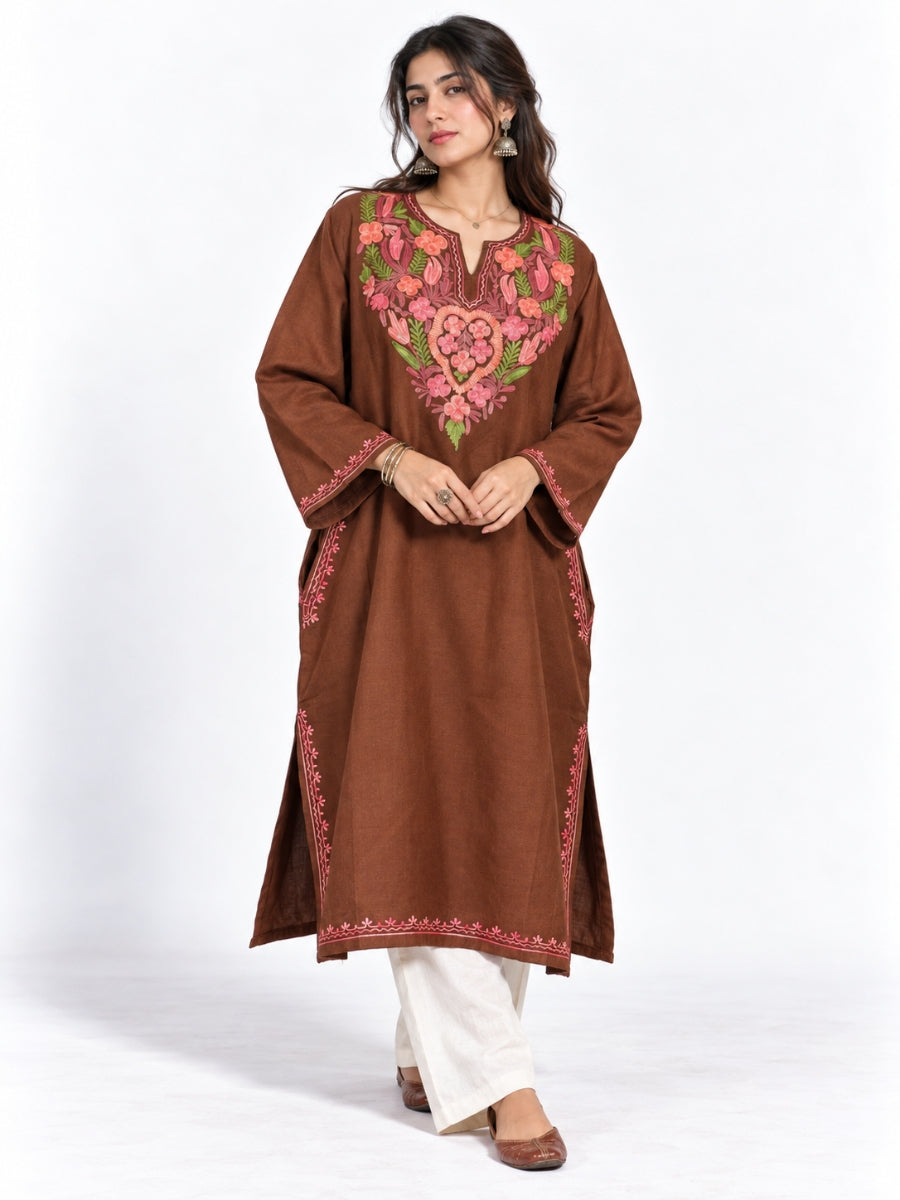 Brown Kashmiri Pheran with Pink Floral Embroidery – KAARKASH
