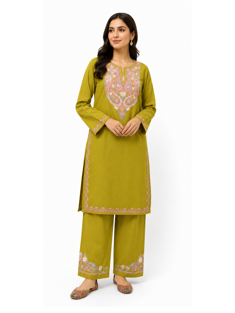 Noor : Kashmiri Aari embroidery summer Co-Ord Set | Olive Green