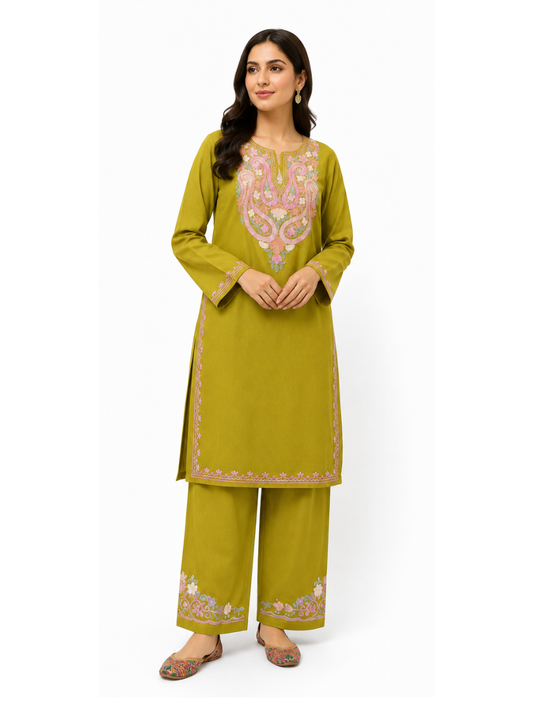 Noor : Kashmiri Aari embroidery summer Co-Ord Set | Olive Green