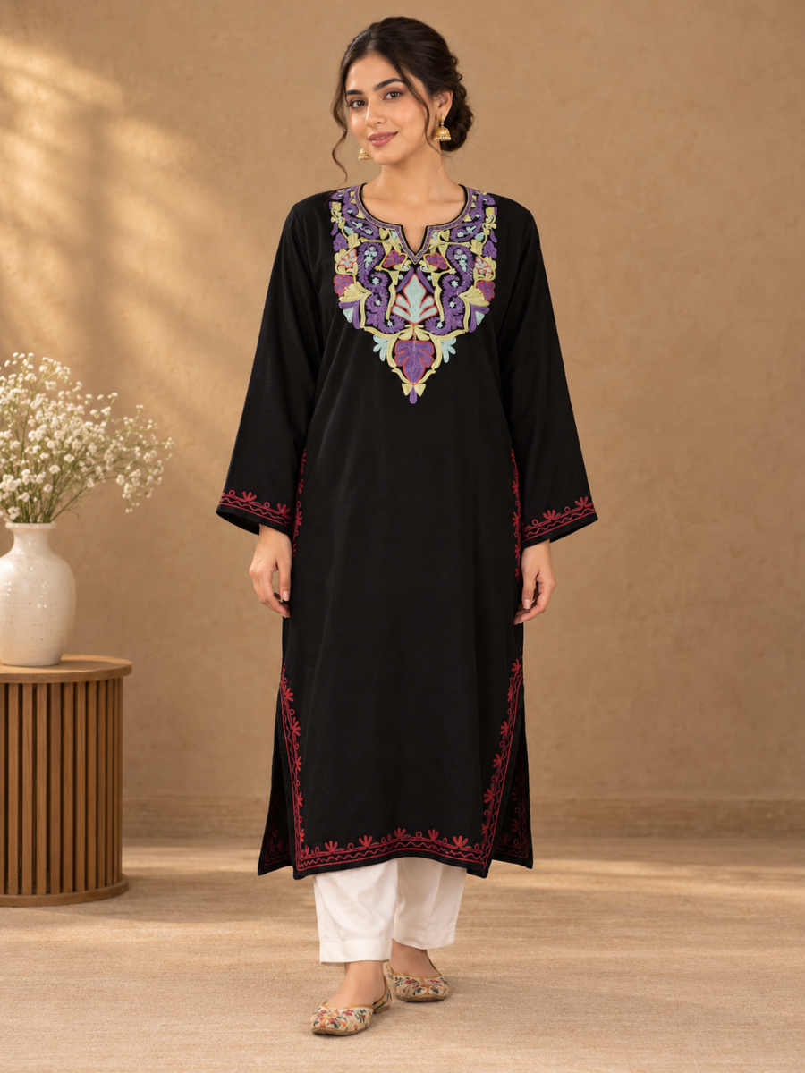 Black Kashmiri Pheran with Purple & Aqua Paisley Embroidery – KAARKASH