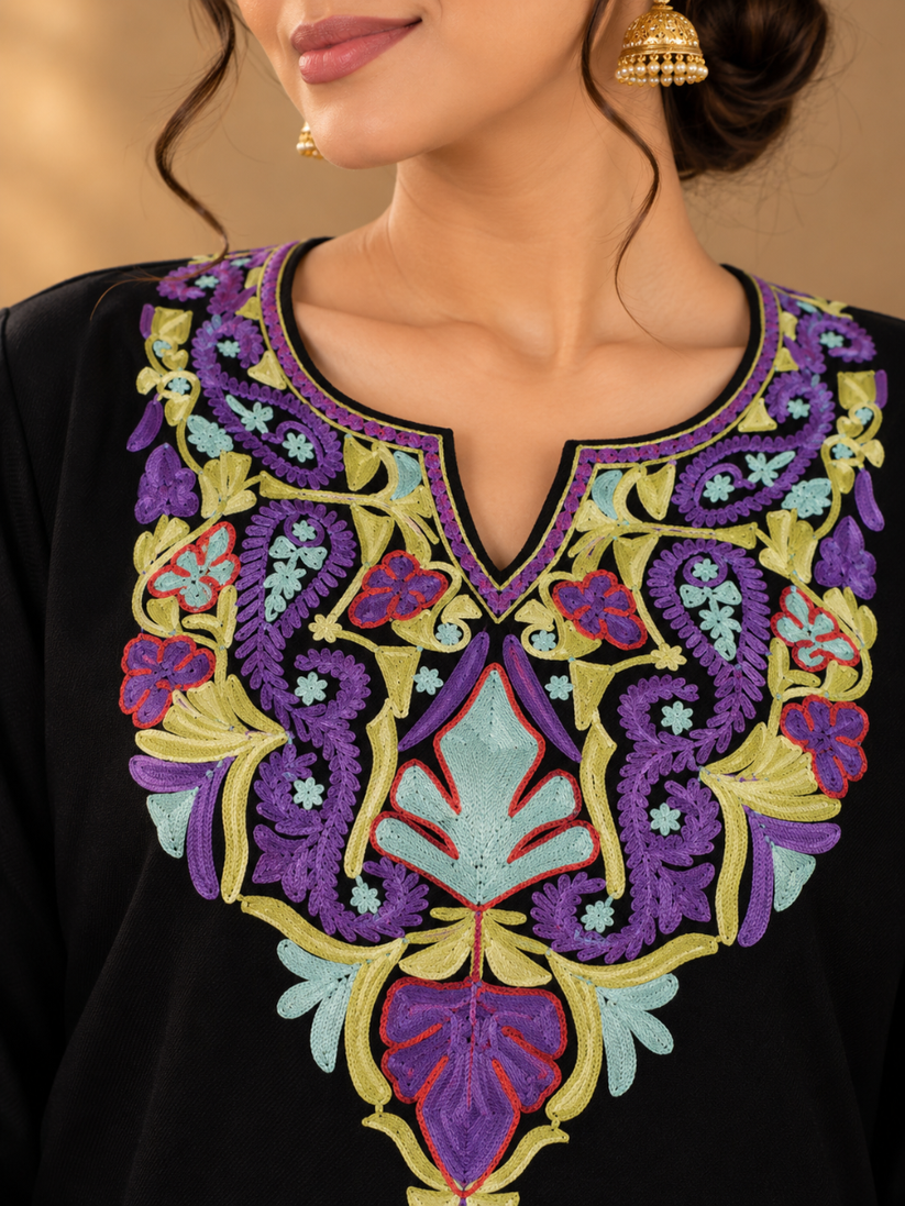 Black Kashmiri Pheran with Purple & Aqua Paisley Embroidery – KAARKASH