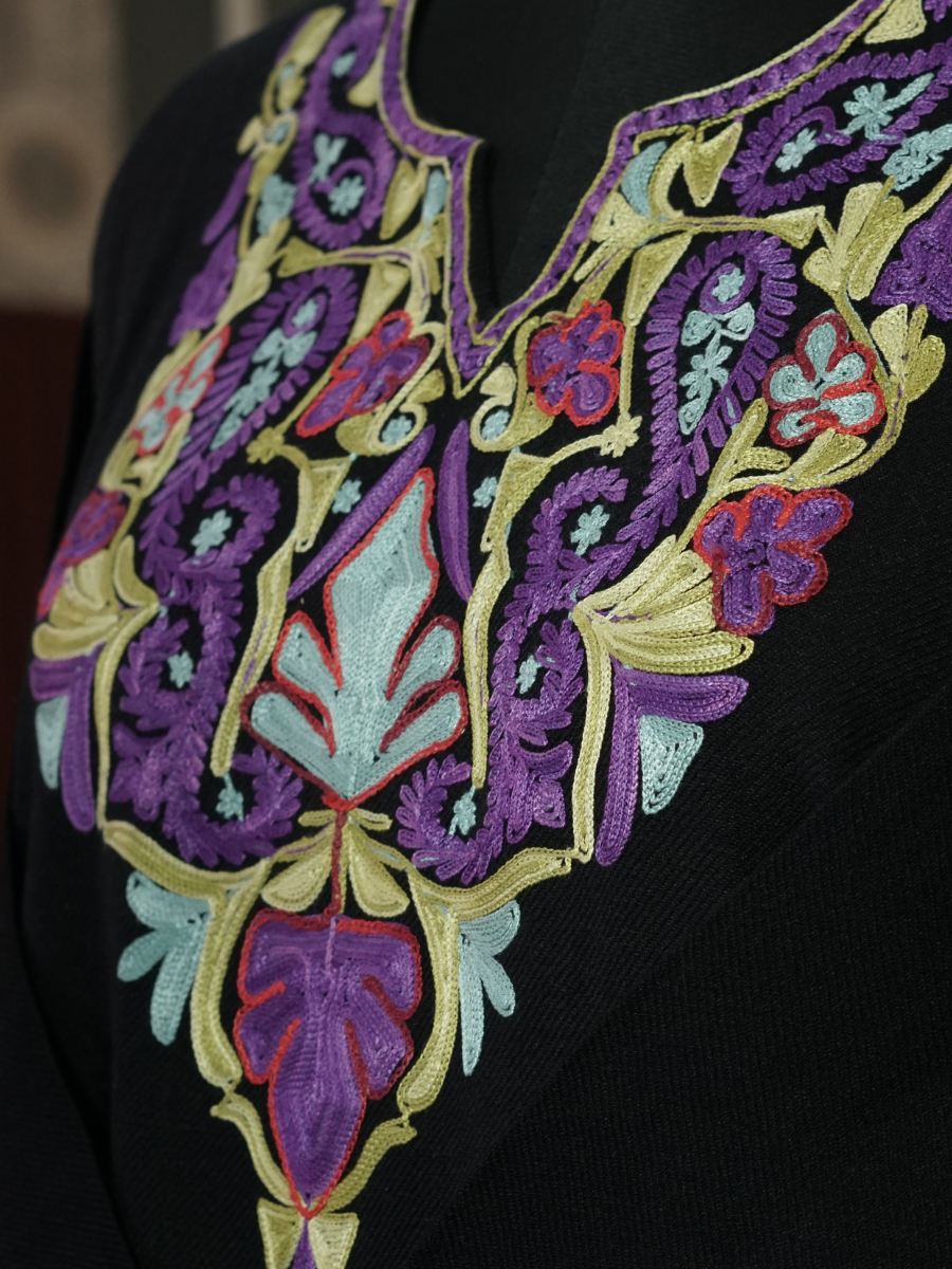 Black Kashmiri Pheran with Purple & Aqua Paisley Embroidery – KAARKASH