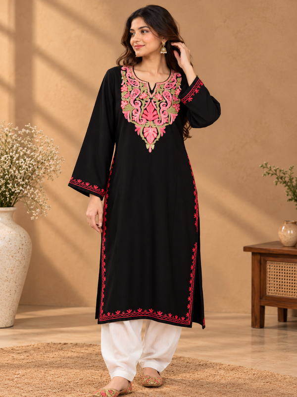 Black Kashmiri Pheran with Pink & Olive Green Paisley Embroidery – KAARKASH