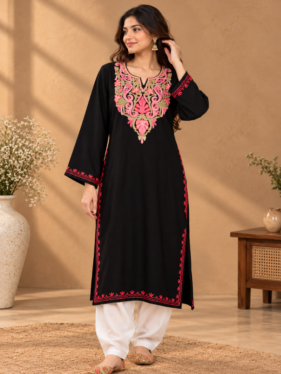 Black Kashmiri Pheran with Pink & Olive Green Paisley Embroidery – KAARKASH