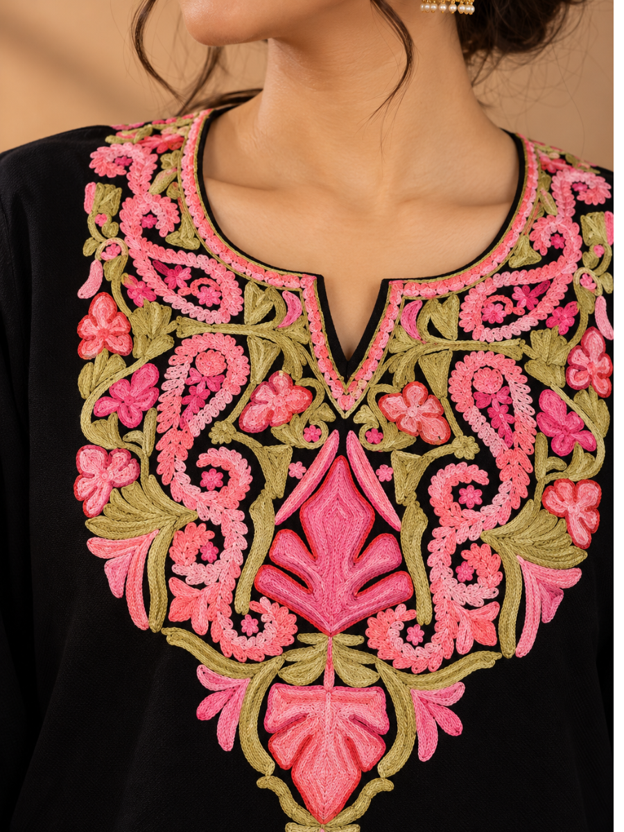 Black Kashmiri Pheran with Pink & Olive Green Paisley Embroidery – KAARKASH