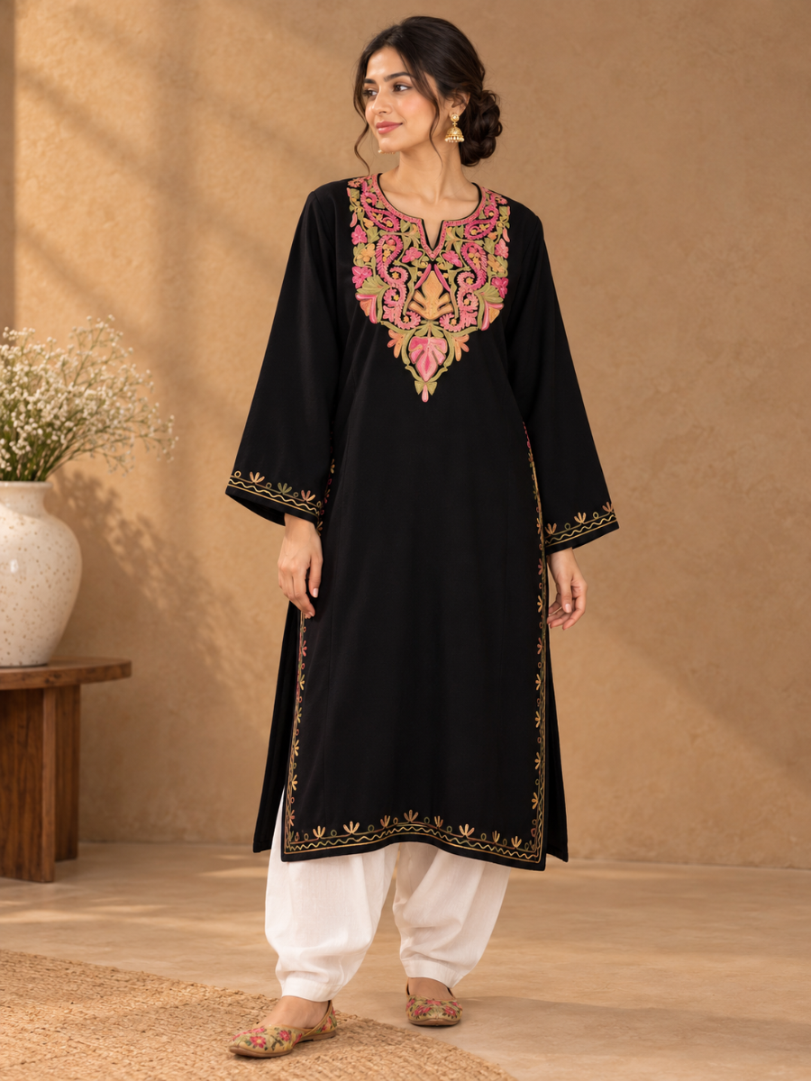 Black Kashmiri Pheran with Pink & Mustard Paisley Embroidery – KAARKASH
