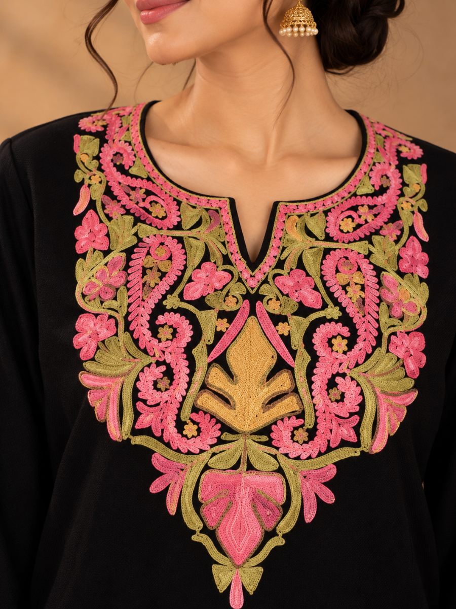 Black Kashmiri Pheran with Pink & Mustard Paisley Embroidery – KAARKASH