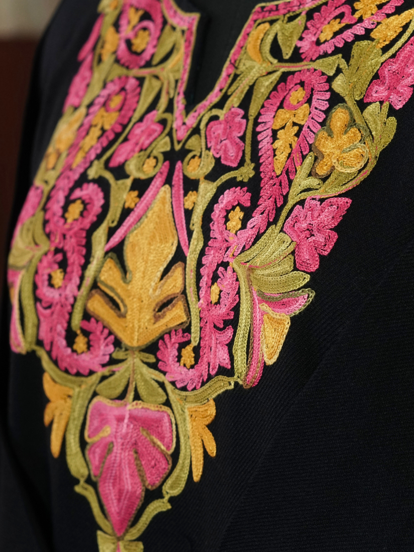 Black Kashmiri Pheran with Pink & Mustard Paisley Embroidery – KAARKASH