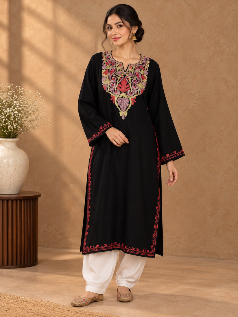 Black Kashmiri Pheran with Mauve & Red Paisley Embroidery – KAARKASH